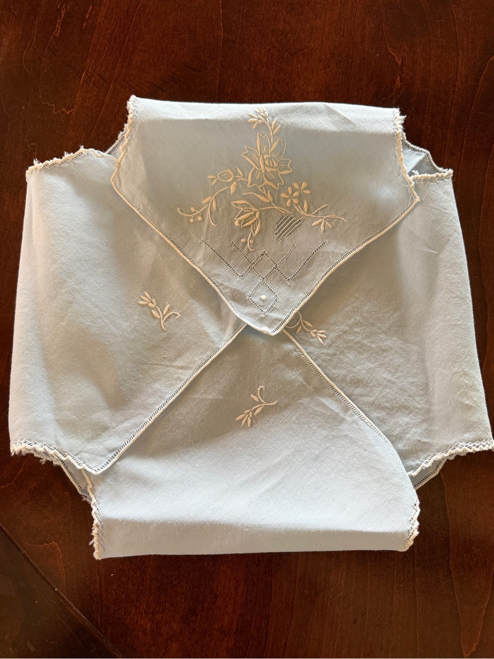 Vintage light blue  Embroidered Linen bread basket liner, elegant!